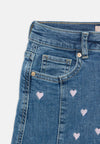 OLY All Over Embroided Pink Hearts Renal Style Blue Denim Mini Skirts 13314