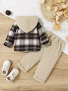 SHN Brown Check Hooded Shirt with Beige Corduroy Pant 2 Piece Set 14771