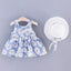 JJG White Flowers Bow Back style Blue Cotton frock With Matching Hat 12978