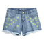 OM All Over Embroided Yellow Flowers Light Blue Denim Shorts 13313