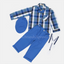 B.B Blue Check Shirt Blue Pant 5 Piece Set With Bow , Gallace & Cap 10457
