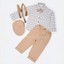 B.B Black Brown Lines White Shirt Brown Pant 5 Piece Set With Bow , Gallace & Cap 10458