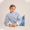MNG Down Shoulder White And Blue Stripes Sweatshirt 9875