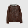 ZR Brown Contrasting Faux Leather Hoodie Jacket