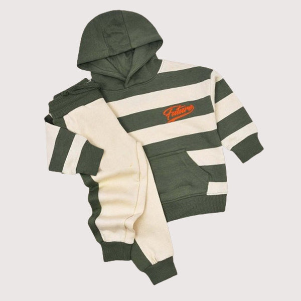 PRMK Future Embroided Green & Cream Stripes Fleece Hoodie & Trouser 2 Piece Set 13413