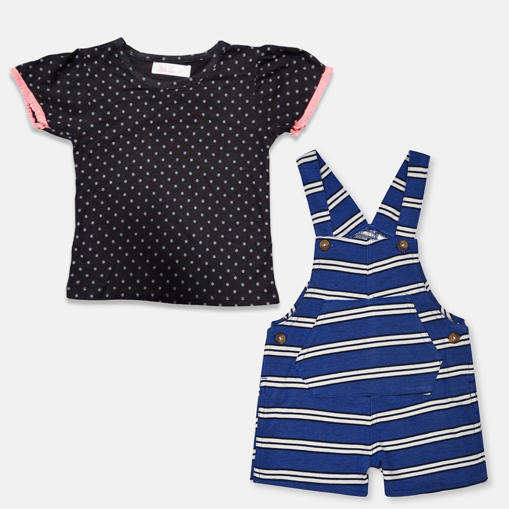 LL Black Polka Dots  Top with Striped Cadet Blue Dungaree  2 Piece Set 12886