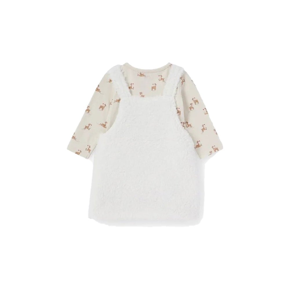 CA Deer Applic Pocket Warm White Sherpa Dungaree with Body Suit 2 piece Set 13340