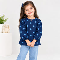 L&S  Polka Dots Pique Blue Full Sleeves  Top 14050