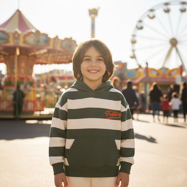 PRMK Future Embroided Green & Cream Stripes Fleece Hoodie & Trouser 2 Piece Set 13413