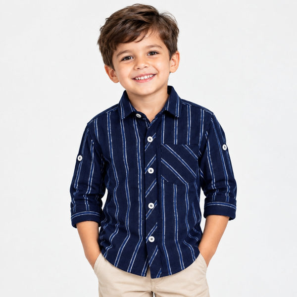 MNG Double White Blue Lines Navy Blue Casual Shirts 10799