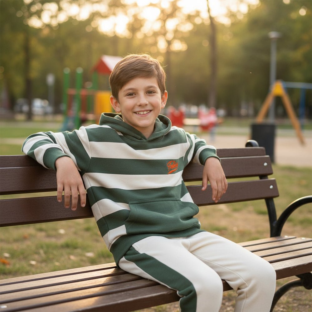 PRMK Future Embroided Green & Cream Stripes Fleece Hoodie & Trouser 2 Piece Set 13413