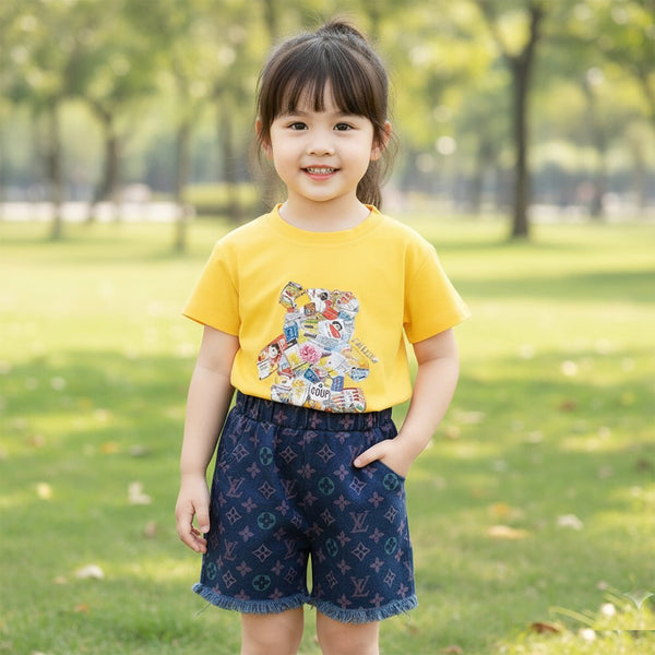 CN Full Zero Bear & LV Print Yellow T-Shirt with Denim Shorts 12974