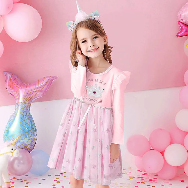 VKT Sequin Crown Glitter Stars Bottom Pink Full Sleeves Frock 11832