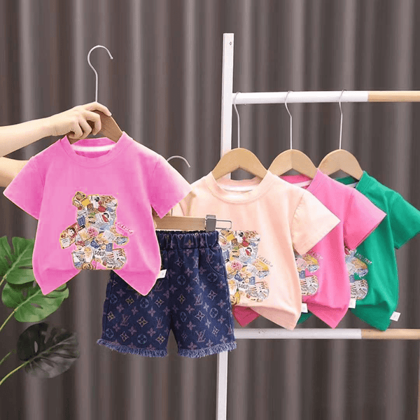 CN Full Zero Bear & LV Print Pink T-Shirt with Denim Shorts 12973