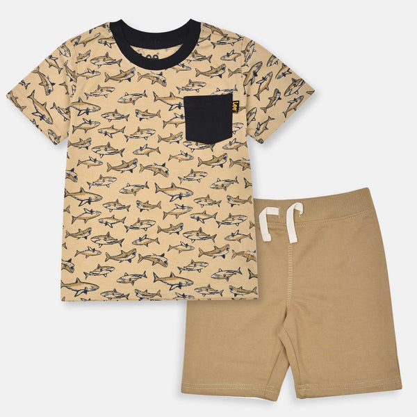 Lee All Over Sharks Brown T-Shirt with Contrast Brown Shorts 2 Piece Set 13044