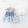 JJG White Flowers Bow Back style Blue Cotton frock With Matching Hat 12978