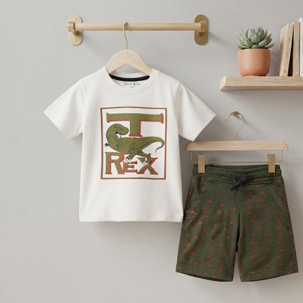 JC Trex Dino Print  T-Shirt Orange & Green Contrast with  Dino Shorts Print 2 Piece Set 14087