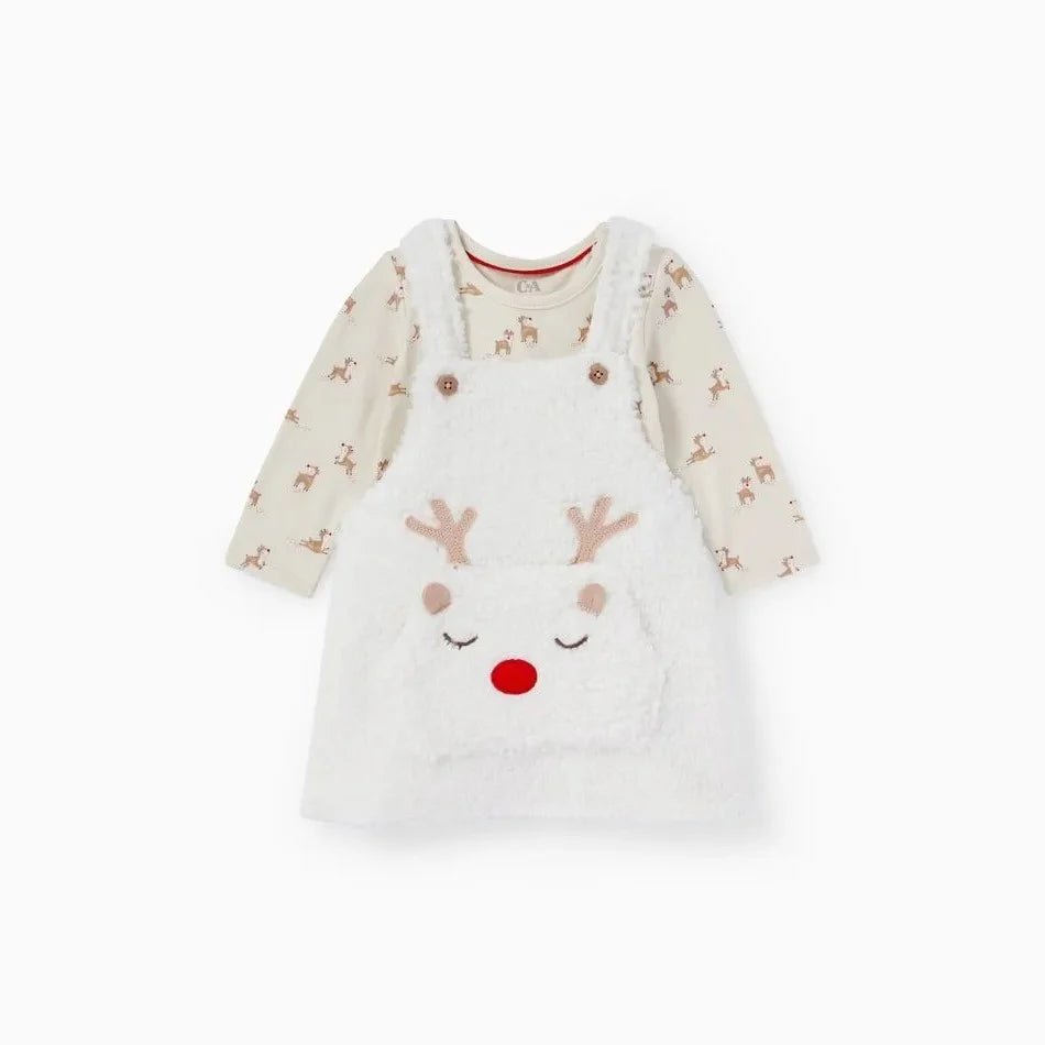 CA Deer Applic Pocket Warm White Sherpa Dungaree with Body Suit 2 piece Set 13340