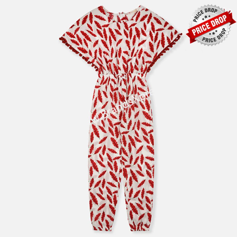 B.X Red Leaves Style Sleeves Lenan  White Jumpsuit 9364