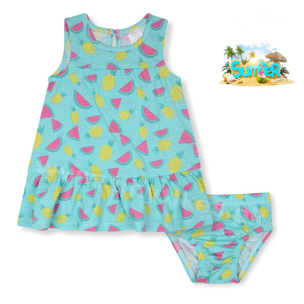 Jt Melon & Pine Apple Print Sea Green Frock With Brief 2 Piece Set 11146