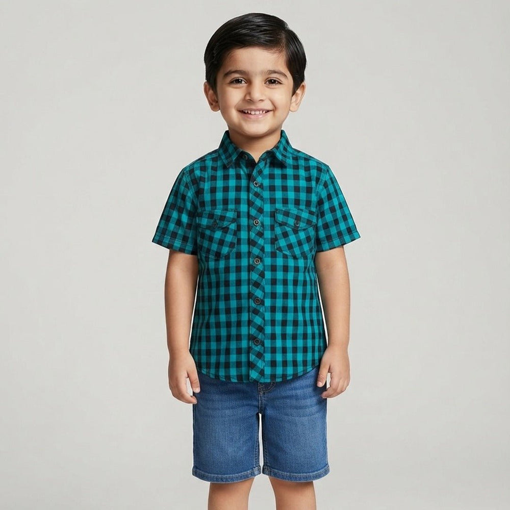 HM Front Pocket Box Medium Check half sleeves Blue Casual Shirt 15049