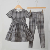 L&S Bottom Elastic Double Flare Frock & All Over Check Legging 2 Piece Set  15017