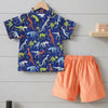 CN Multi Dino Print Linen Blue  Shirt Half Slevees with Orange Cotton Shorts  12925