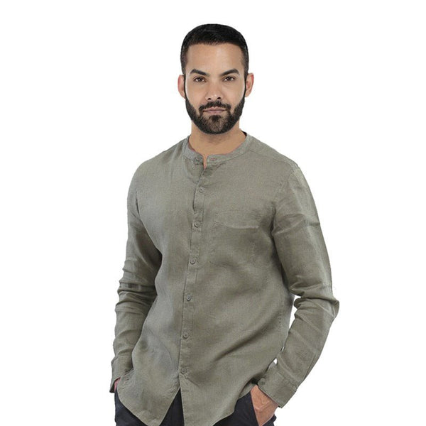 SPL Basics Mandarin Collar Linen Casual Shirt Green 427