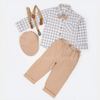 B.B Black Brown Lines White Shirt Brown Pant 5 Piece  Set With Bow , Gallace & Cap  10458