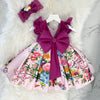 XB Floral Print Contrast Top Big Bow Silk Fairy Frock With Headband 9246