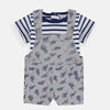QLT Dino Print Grey Dungaree With Stripe Tshirt 2 Piece Set 4171
