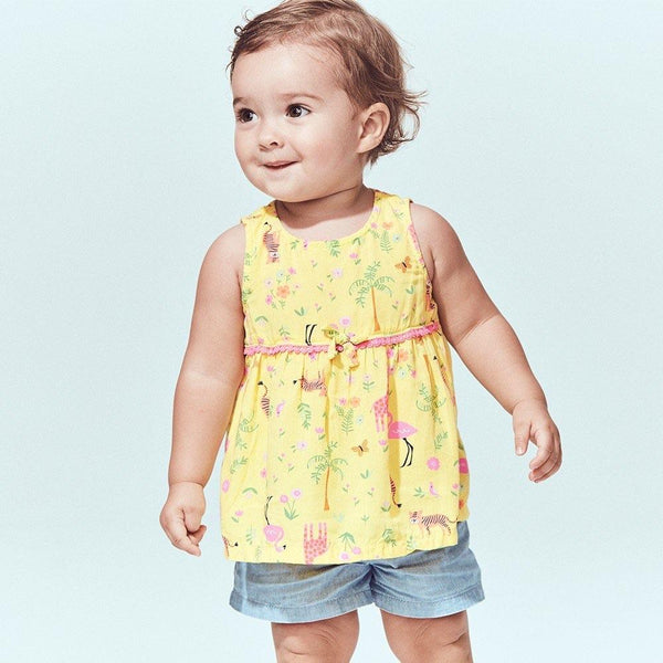 CRT Jungle Animals Print Loose Flare Yellow Top 4075