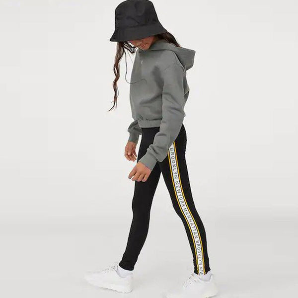 HM Manhattan White & Yellow Stripe Print Black Legging 2177