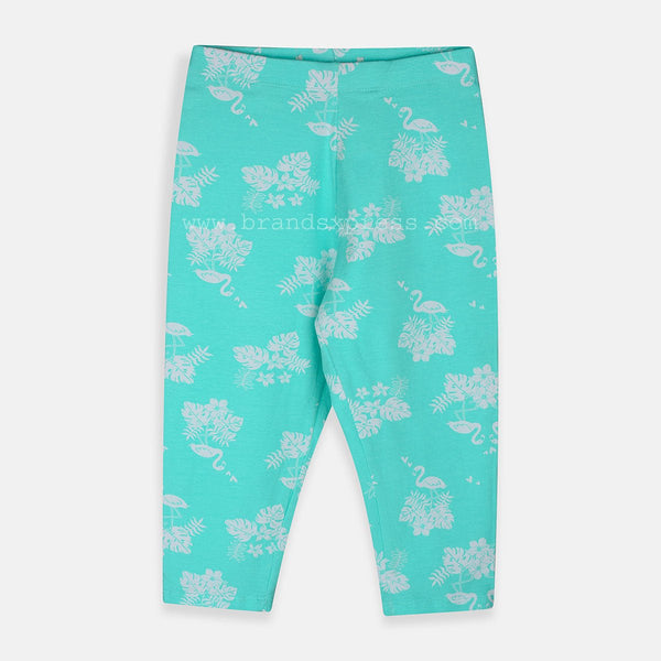 ZR Flamingo And Flower Printed Turquoise Blue Capri Legging 4767