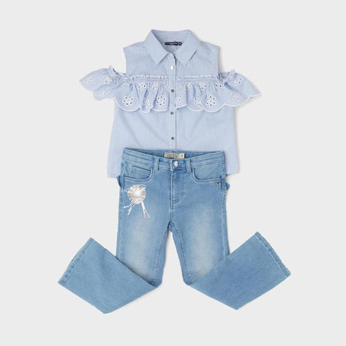 OM Light Blue Front Flower Pocket Denim 1205