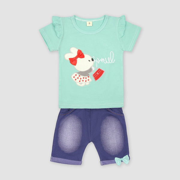Yougi Applique Turquoise Bunny With Purse 2 Piece Set 2265