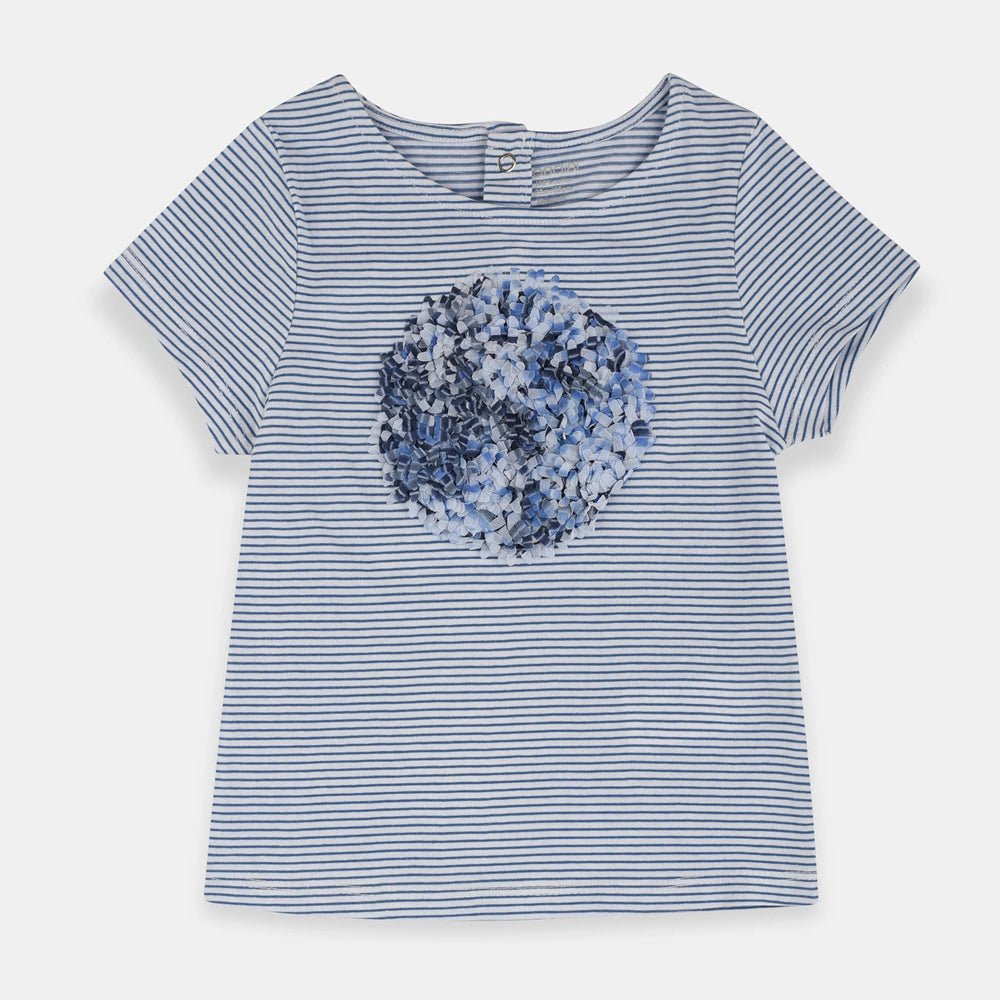 OBB Applic Flower White-Blue Stripes Top 1376