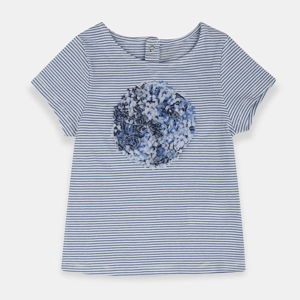 OBB Applic Flower White-Blue Stripes Top 1376