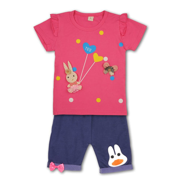 Yougi Shocking Pink Yes Heart Butterfly Applique 2 Piece Set 2276