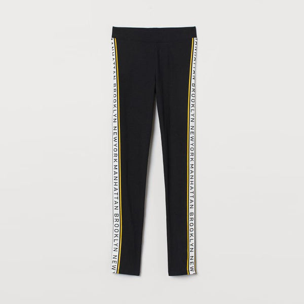 HM Manhattan White & Yellow Stripe Print Black Legging 2177