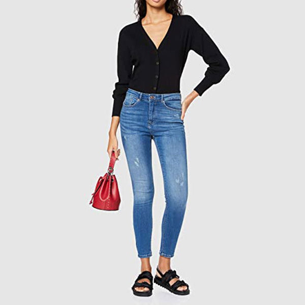 OLY Paola Diamond Button Mid Blue Ribbed Skinny Fit Denim 3412