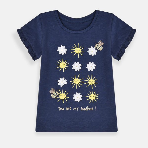 PLM Applic White Flowers Sunshine Navy Blue Top 3867
