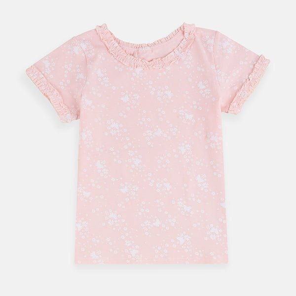 HM White Flowers & Butterfly Print Baby Pink Frill Neck Top 3947