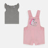 QLT Stay Magical Embraided Unicorn Pink Dungaree With Grey Top 2 Piece Set 4175