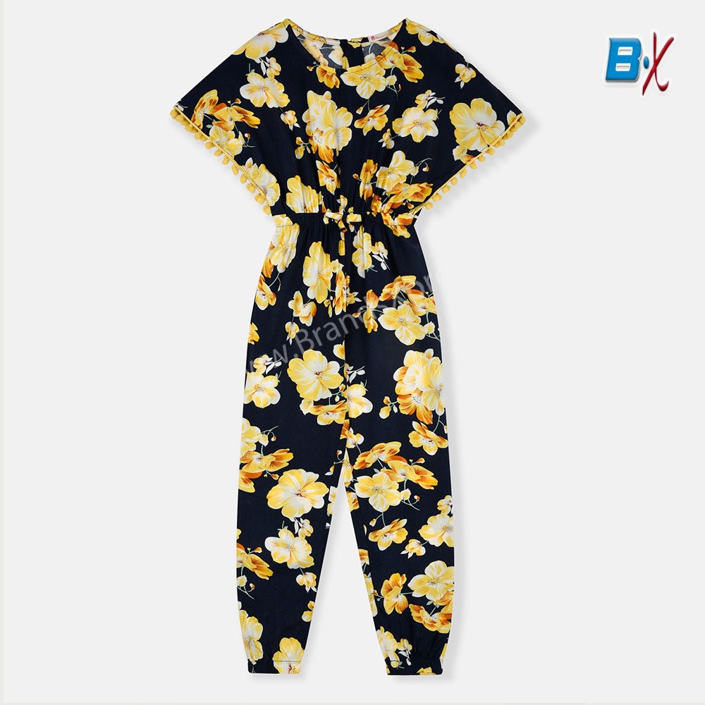 B.X Yellow Flowers Style Sleeves lenan Dark Blue Jump Suit 9361