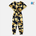 B.X Yellow Flowers Style Sleeves lenan Dark Blue Jump Suit 9361