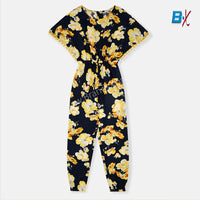 B.X Yellow Flowers Style Sleeves lenan Dark Blue Jump Suit 9361